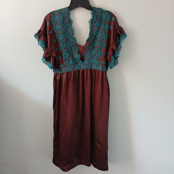 VTG Betsey Johnson Size 8 Women's‎ 100% Silk Dress Brown Blue Crochet Midi Lined - Picture 16 of 16